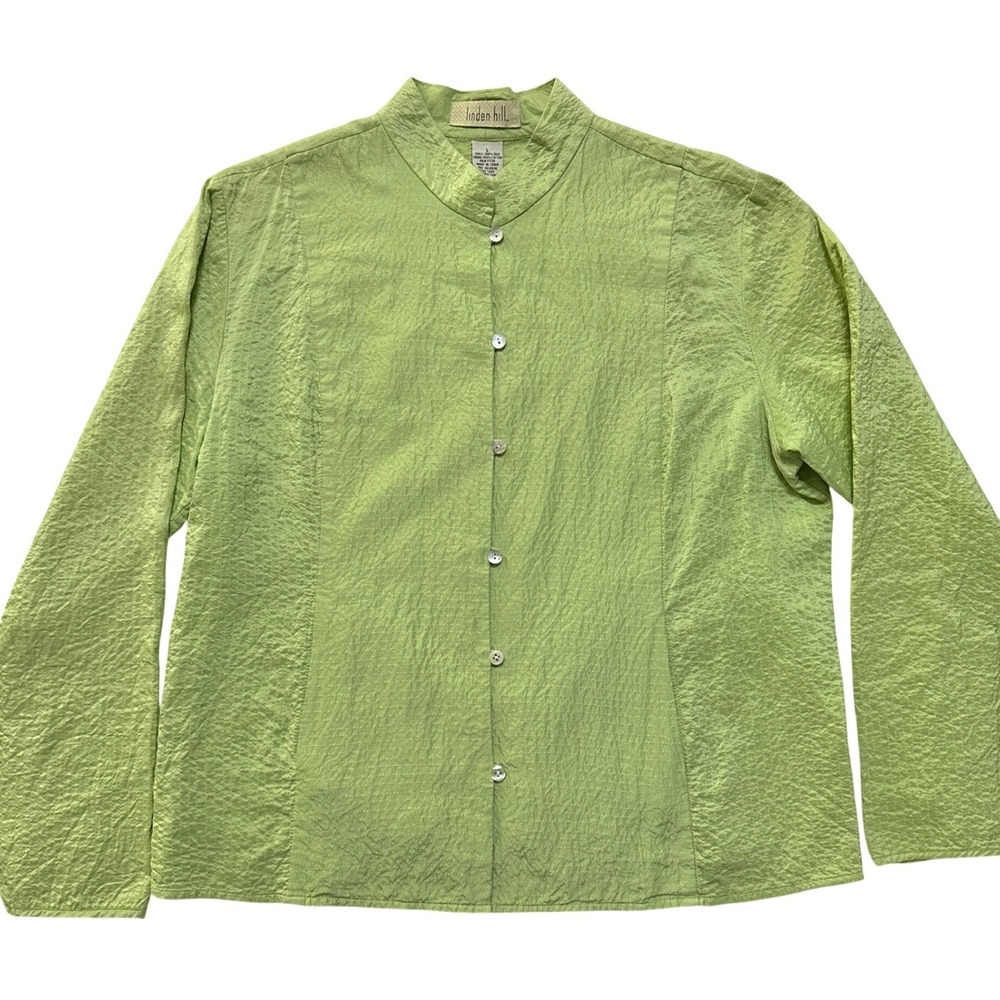 Quilted Silk Button Up Shirt Jacket L Lime Green Mandarin Collar Minimalist Boho